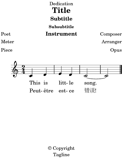 LilyPond's output showing all headers and Unicode lyrics.