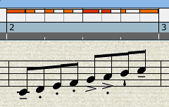 The raw note ruler,
			showing notation whose performance duration value differs
			from what appears on the staff