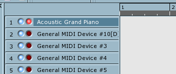Rosegarden's Track buttons showing instrument assignments