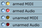Track buttons in various states of recording readiness
