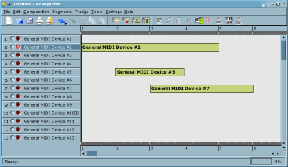 Rosegarden's Track Editor showing two segments of music data
