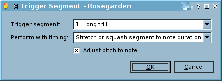 Rosegarden's Trigger Segment dialog, as reached from the matrix editor