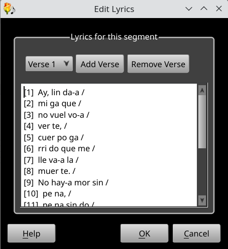 Lyrics editor dialog with one segment open in notation
