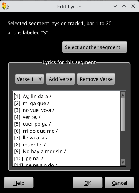 Lyrics editor dialog with several segments open in notation