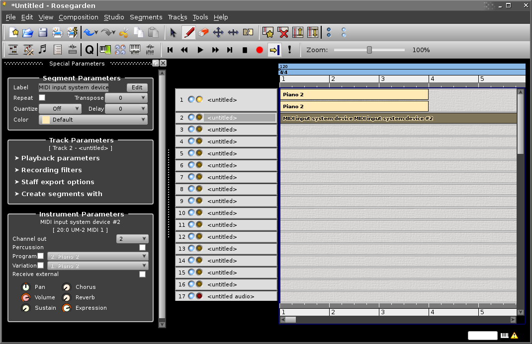 Rosegarden's Track Editor showing three empty segments